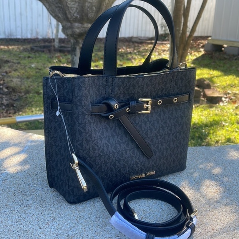 Michael Kors Small Satchel Crossbody Bag Black MK Signature - Picture 6 of 12